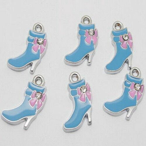 6pcs enamel zircon blue high heels charms/pendants w1002