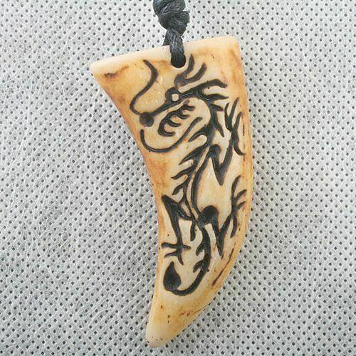 tooth design Imitate Pendant with wooden beads Necklace wax cord C801  x1