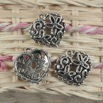 12pcs antiqued silver color hollow flower heart pendant charm G874