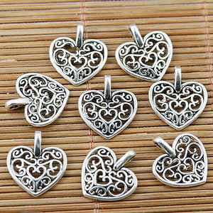 100pcs tibetan silver tone 2sided hollow floral heart charms EF1783