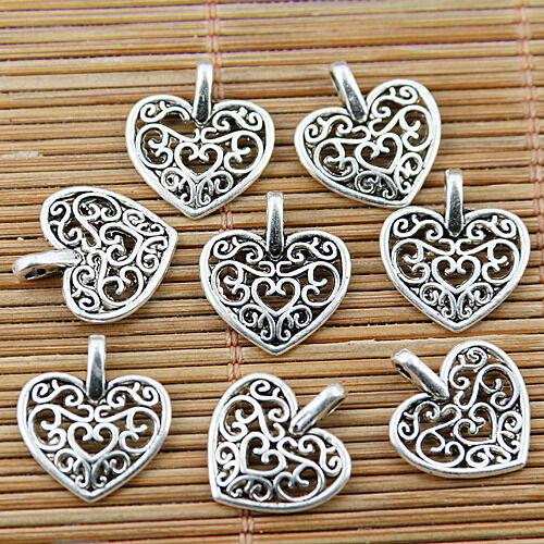 100pcs tibetan silver tone 2sided hollow floral heart charms EF1783