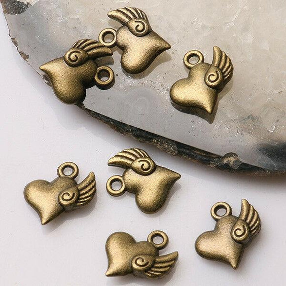 14pcs antiqued bronze color 2sided heart with angel wing design   charms  EF3455