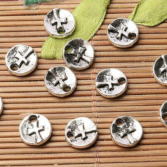 Tibetan silver plated cross in round charm pendants  100pcs  EF3546