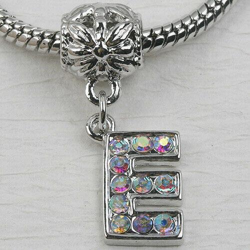 E Letter Alphabet Rhinestone Dangle Pendant European Bead Charms 1pc LT0005