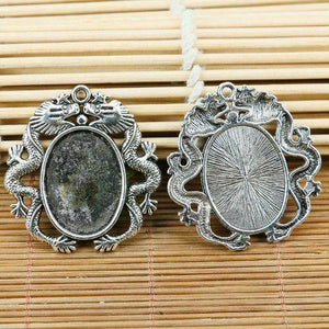 2pcs tibetan silver tone double dragons rim 18x25mm oval cameo pendant EF1843