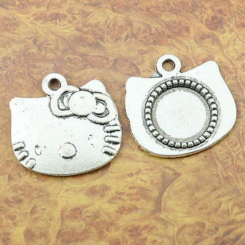 5pcs tibetan  Silver tone cat head design round 14mm cabochon settings EF1280