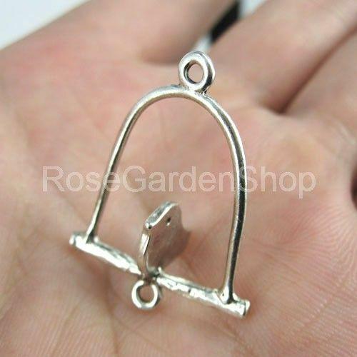 6pcs antiqued Silver Birds In Cage 3D Connector G198