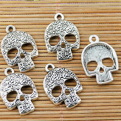 60pcs tibetan silver color pattern skull faced design charms EF1442