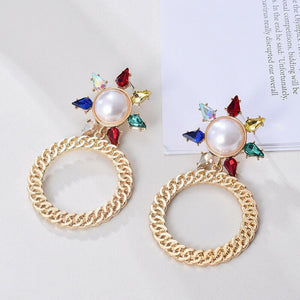 Fashion Jewelry Stud Earring Pearl Colorfull Diamond Round Chains Earring