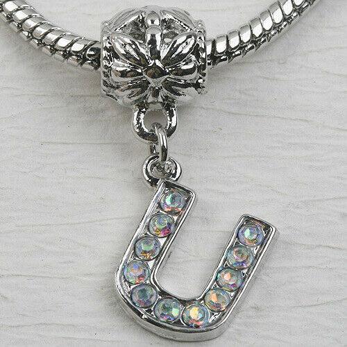 U Letter Alphabet Rhinestone Dangle Pendant European Bead Charms 1pc LT0021