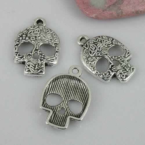 12pcs tibetan silver tone patterns skull head shaped charms EF0386