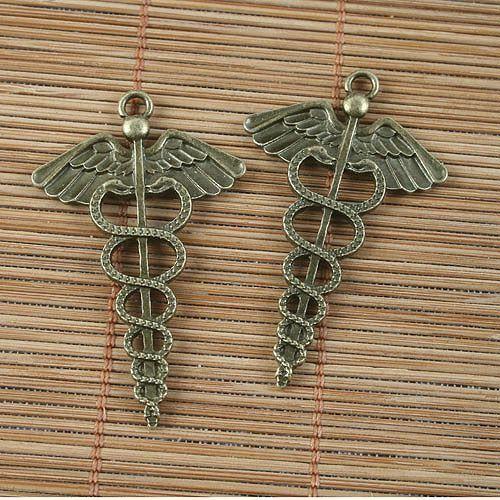 5pcs antiqued bronze wings and snakes pendant G1646