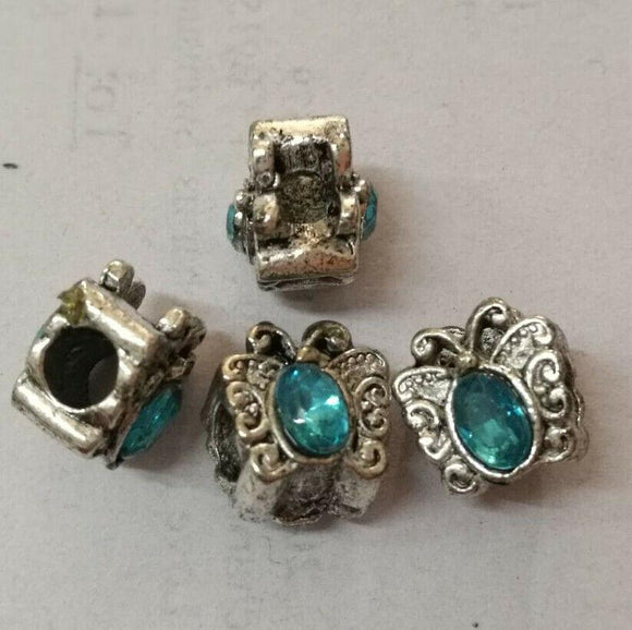 Blue Crystal Butterfly European Loose Bead 11x10x7mm Dark Silver 4pcs GGE825