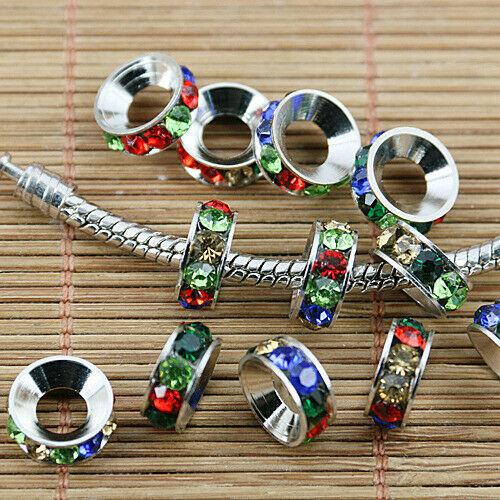 Colors Crystals 10x4mm round Loose European Bead Silver color 8pc GGE381