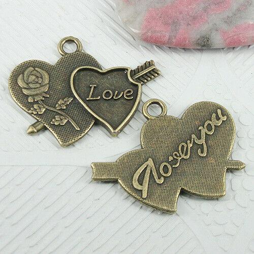 6pcs antiqued bronze rose love linked heart design charms EF0781