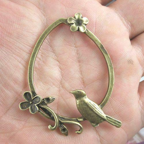 6pcs antiqued bronze flower and bir charm G424
