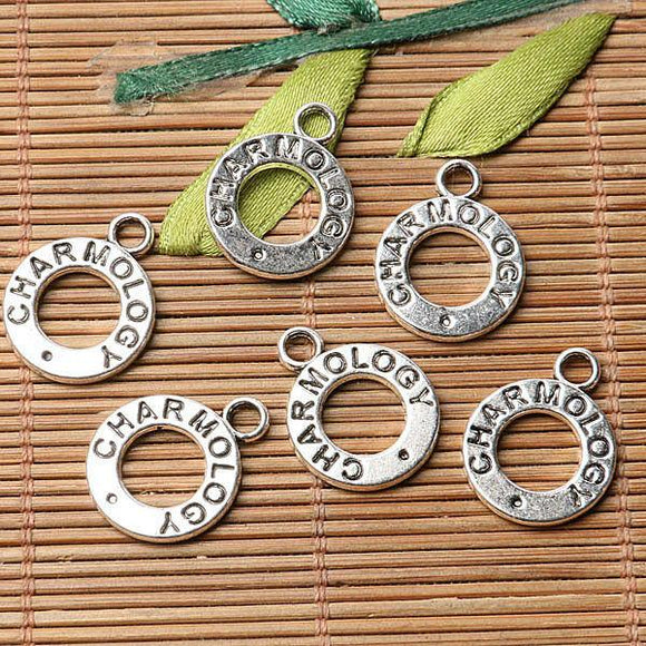 Tibetan silver plated round lettering charm pendants   46pcs  EF3558