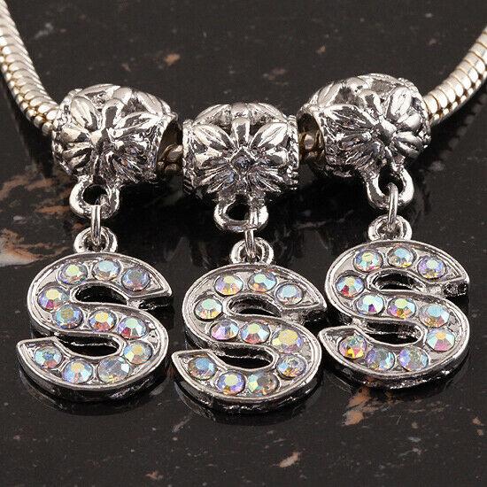 S Letter Alphabet Rhinestone Dangle Pendant European Bead Charms 1pc LT0019