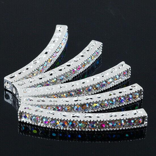 WhiteAB Rhinestone Curved alloy Bar Connector 40x4mm shinny silver 4pcs GA135