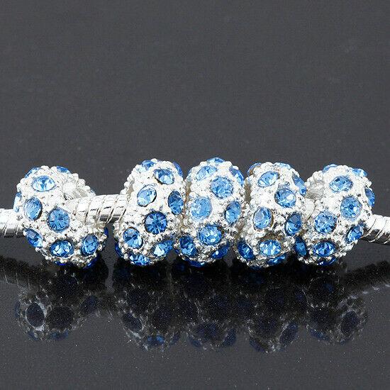 Round 10X5mm LIGHTblue Rhinestones Alloy Spacer Bead Silver color 4pc PB304