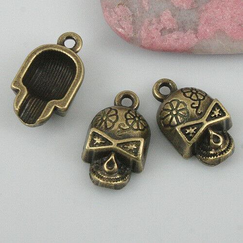 8pcs antiqued bronze color flower pattern skull head charms EF0525