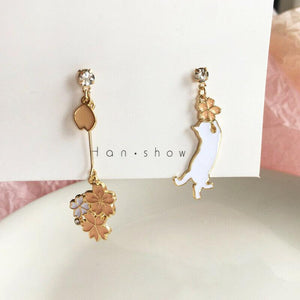 S925 silver Jewelry Stud Earring Floral Cute Cat Diamond asymmetric Earring