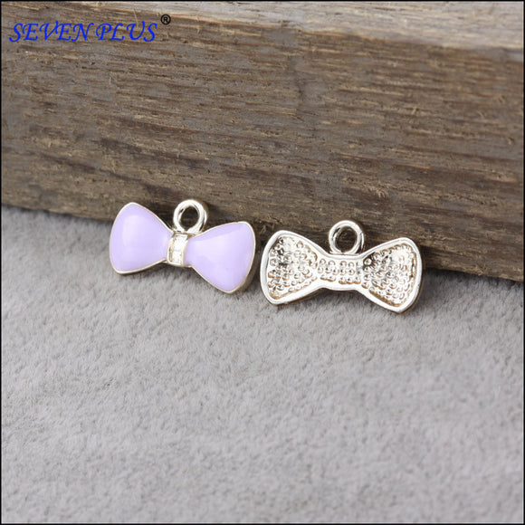 High Quality 10 Pieces/Lot 10mm*20mm Pink Enamel Cute Bow Metal Charms