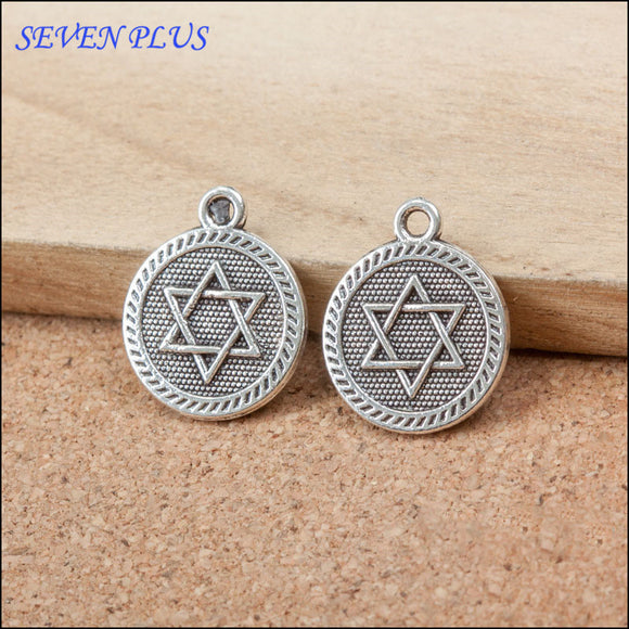 High Quality 10 Pieces/Lot 15mm*18mm Antique Silver Plated Round Disc Printed Star Of David Jewish Charms