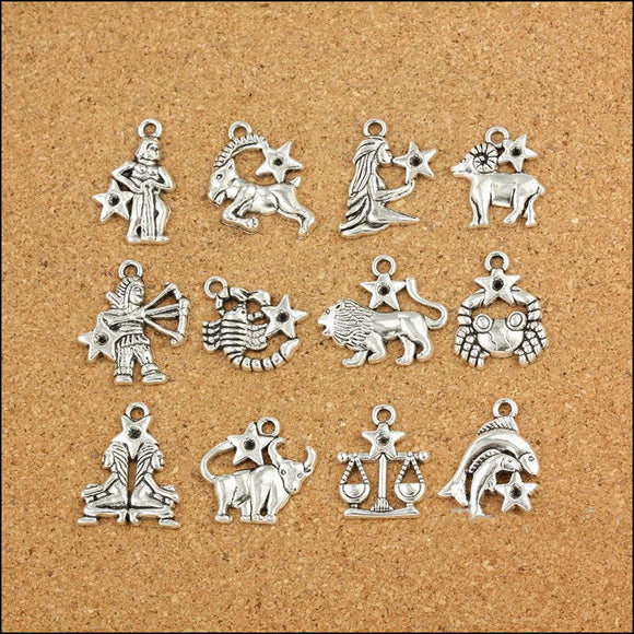 High Quality 120 Pieces(10 sets)/Lot 22mm*20mm Antique Silver Plated Small Zodiac Charms For Jewelry Making Factory Wholesale