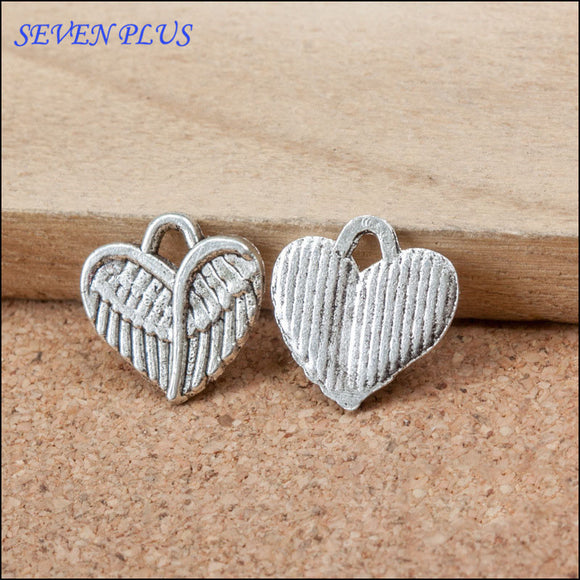 High Quality 20 Pieces/Lot 13mm*13mm Antique Silver Plated Small Wings Heart Charms Jewelry Making Charm