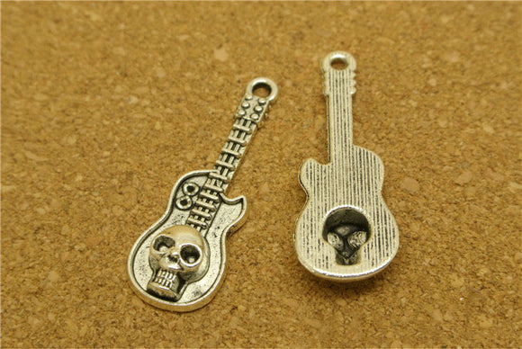 High Quality 20 Pieces/Lot 32mm*11mm Antique Silver Plated Skulls Guitar Charms