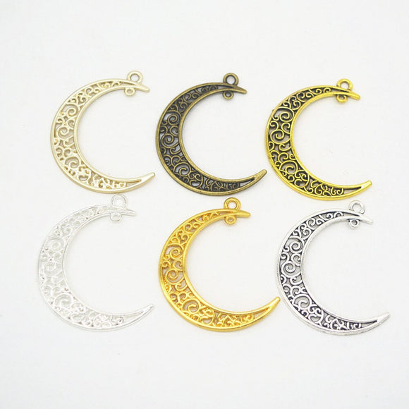 High Quality 20 Pieces/Lot 41mm*30mm Metal Delicate Hollow Out Moon Charm Pendant For Jewelry Making (6 colors)