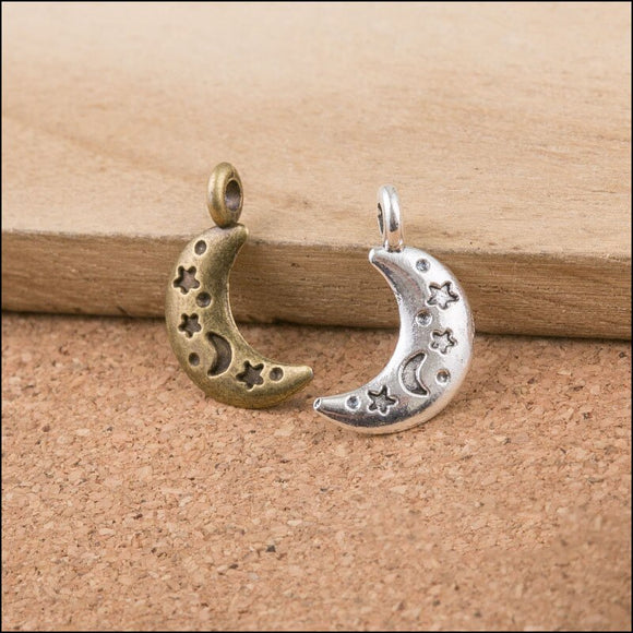 High Quality 50 Pieces/Lot 10mm*19mm Antique Bronze Antique Silver Plated Small Moon Alloy Charms For DIY Jewelry Making