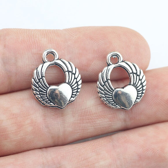 High quality 10 PCS/Lot 19mm*22mm antique silver plated beautiful heart and wings charms