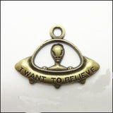 High quality 20 PCS/Lot 36mm*10mm jewelry handmade silver plated bright Metal Alien UFO charms For Jewelry Making