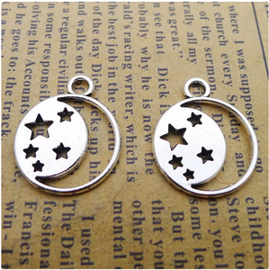 25PCS  Antique Silver Tone Moon and Stars Charm Pendant, Tibetan Silver Tone,  17X21mm LY905