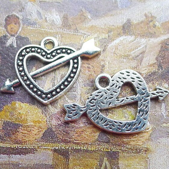 Newest 10Pieces 16*25mm Mixed Alloy Antique Silver Color Heart Arrow Charms Bracelet Pendant Accessory For DIY Jewelry Making