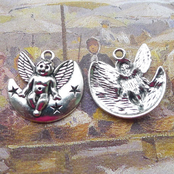 Newest 10Pieces 22*22mm Mixed Alloy Antique Silver Color Angel Moon Charms Bracelet Pendant Accessory For DIY Jewelry Making