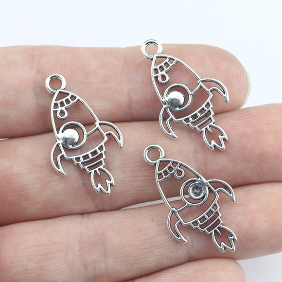 Newest 20Pcs 16*28mm Antique Silver Color Hollow Rocket Charms Necklace Keychain Pendant For Kids DIY Jewelry Making Wholesale