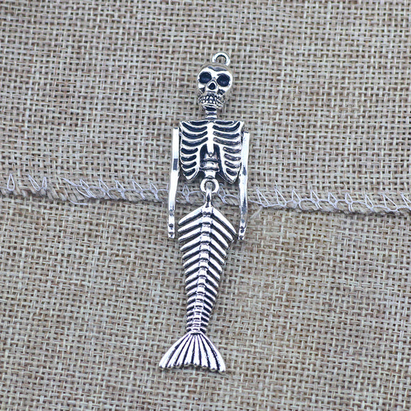 Newest 2Pieces 18*75mm Mixed Alloy Antique Silver Color Skeleton Mermaid Charms Bracelet Pendant Necklace For DIY Jewelry Making