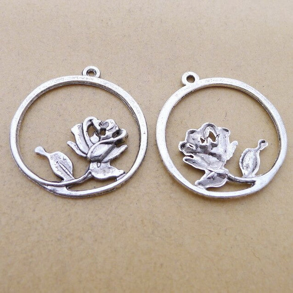 Newest 6Pieces 32*35mm Mixed Alloy Antique Silver Color Rose Round Charms Fashion Pendant Necklace For DIY Jewelry Making