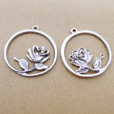 Newest 6Pieces 32*35mm Mixed Alloy Antique Silver Color Rose Round Charms Fashion Pendant Necklace For DIY Jewelry Making