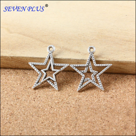 Newest Good Quality 30 PCS/Lot 23mm*21mm antique silver plated double stars diy metal charms