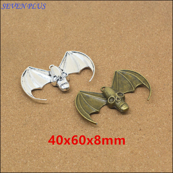 Newest Style 2 Pieces/Lot 40mm*60mm Antique Silver plated Or antique Bronze Diy Accessory Metal Bat Skull Charms For Jewelry