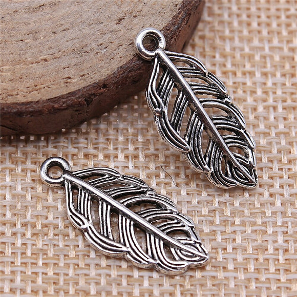 WYSIWYG 10pcs 11x25mm Feather Pendant Charms Antique Silver Color For Jewelry Making Zinc Alloy Jewelry Findings