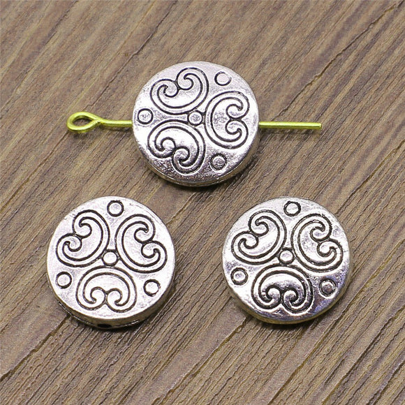WYSIWYG 10pcs 13mm Round Pattern Small Hole Flat Beads For Jewelry Making DIY Bracelet Making Antique Silver Color
