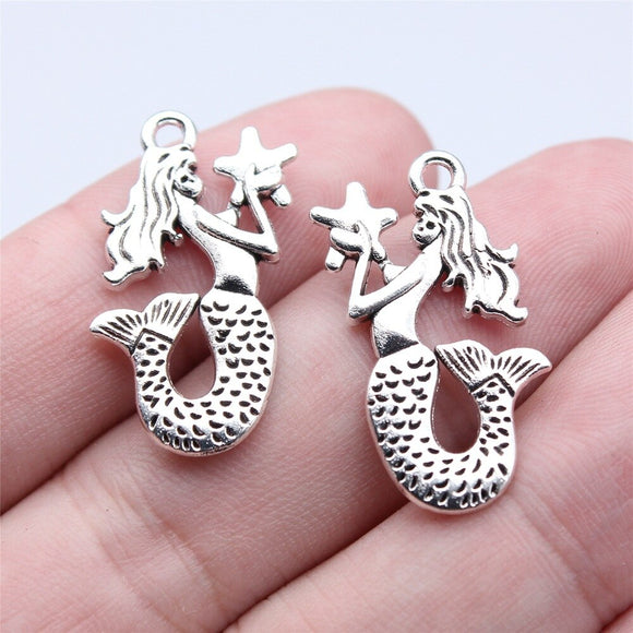 WYSIWYG 10pcs 14x28mm Antique Silver Color Hand Holding Star Mermaid Charms Pendant For DIY Jewelry Making
