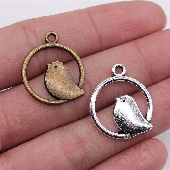 WYSIWYG 10pcs 20mm 2 Colors Antique Silver Color Antique Bronze Plated Pendants Bird Charm Round Bird Pendants