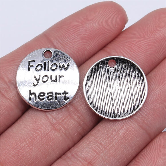 WYSIWYG 10pcs 20x20mm Follow Your Heart Charms For Jewelry Making Antique Silver Color Charm Pendant Jewelry Accessories