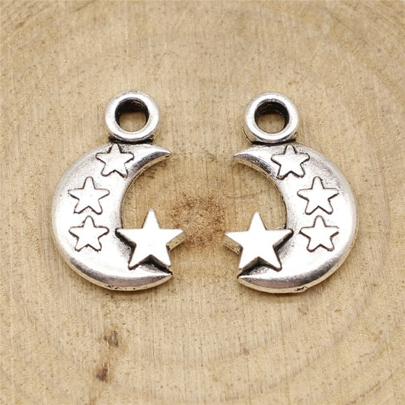 WYSIWYG 10pcs 21x14x3mm 2 Colors Antique Silver Color Antique Bronze Plated Moon And Stars Pendant Crescent Moon Stars Charm